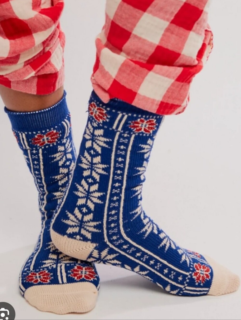 Free People Blue Fair Isle Crew Socks with Beige Accents